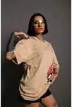 Kadın Mario Baskılı T-shirt Oversize Kısa Kol Bisiklet Yaka Tişort - Bej