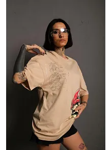 Kadın Mario Baskılı T-shirt Oversize Kısa Kol Bisiklet Yaka Tişort - Bej