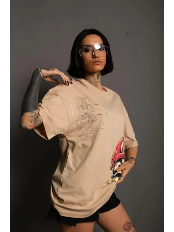 Kadın Mario Baskılı T-shirt Oversize Kısa Kol Bisiklet Yaka Tişort - Bej