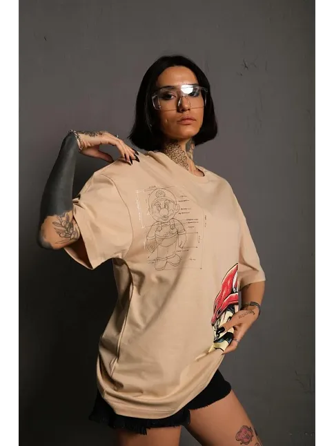 Kadın Mario Baskılı T-shirt Oversize Kısa Kol Bisiklet Yaka Tişort - Bej