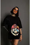 Kadın Mario Baskılı T-shirt Oversize Kısa Kol Bisiklet Yaka Tişort - Siyah