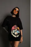 Kadın Mario Baskılı T-shirt Oversize Kısa Kol Bisiklet Yaka Tişort - Siyah