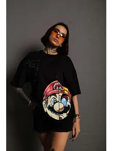 Kadın Mario Baskılı T-shirt Oversize Kısa Kol Bisiklet Yaka Tişort - Siyah