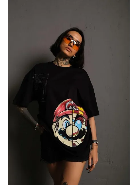 Kadın Mario Baskılı T-shirt Oversize Kısa Kol Bisiklet Yaka Tişort - Siyah