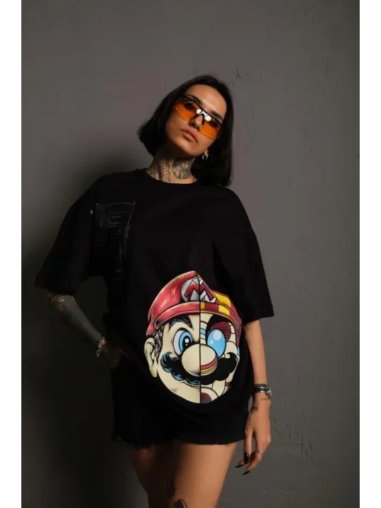 Kadın Mario Baskılı T-shirt Oversize Kısa Kol Bisiklet Yaka Tişort - Siyah
