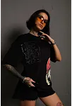 Kadın Mario Baskılı T-shirt Oversize Kısa Kol Bisiklet Yaka Tişort - Siyah