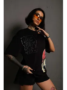 Kadın Mario Baskılı T-shirt Oversize Kısa Kol Bisiklet Yaka Tişort - Siyah