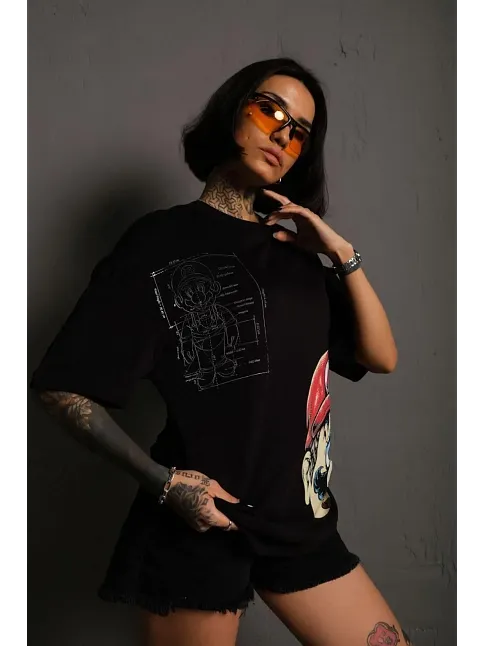 Kadın Mario Baskılı T-shirt Oversize Kısa Kol Bisiklet Yaka Tişort - Siyah