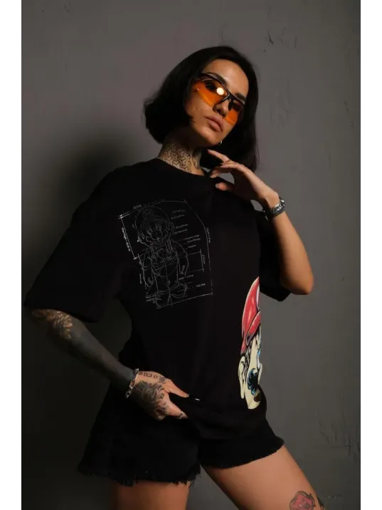 Kadın Mario Baskılı T-shirt Oversize Kısa Kol Bisiklet Yaka Tişort - Siyah