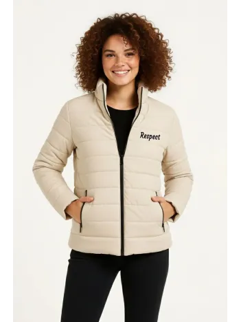 Kadın Mikro Su İtici Kapitone Baskılı Astarlı Fermuarlı Bomber Mont - Bej