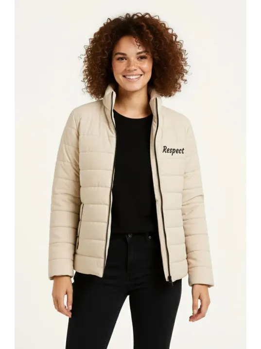 Kadın Mikro Su İtici Kapitone Baskılı Astarlı Fermuarlı Bomber Mont - Bej