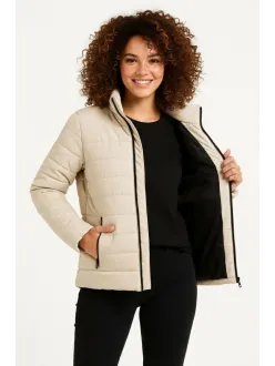 Kadın Mikro Su İtici Kapitone Baskılı Astarlı Fermuarlı Bomber Mont - Bej