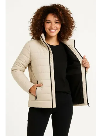 Kadın Mikro Su İtici Kapitone Baskılı Astarlı Fermuarlı Bomber Mont - Bej