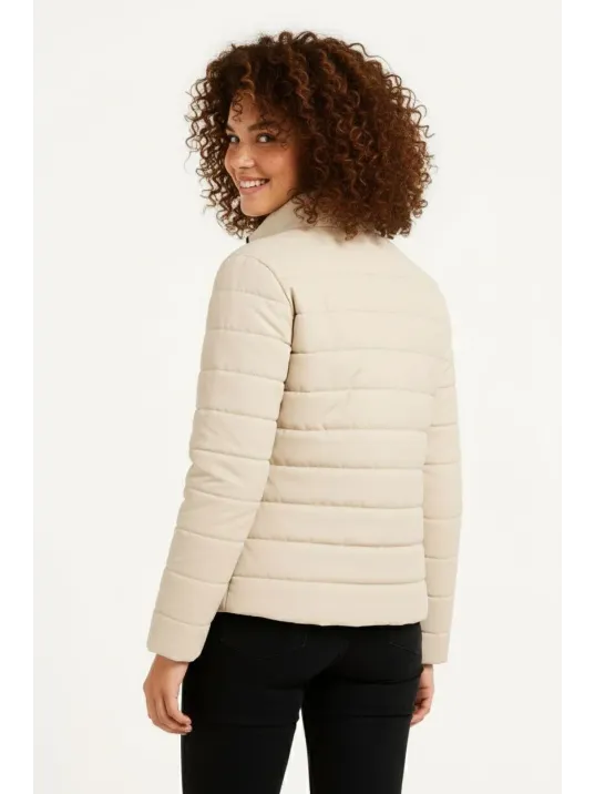 Kadın Mikro Su İtici Kapitone Baskılı Astarlı Fermuarlı Bomber Mont - Bej