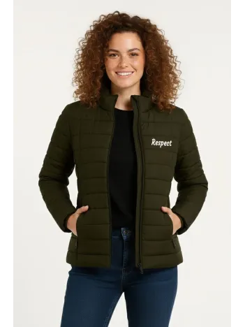 Kadın Mikro Su İtici Kapitone Baskılı Astarlı Fermuarlı Bomber Mont - Haki