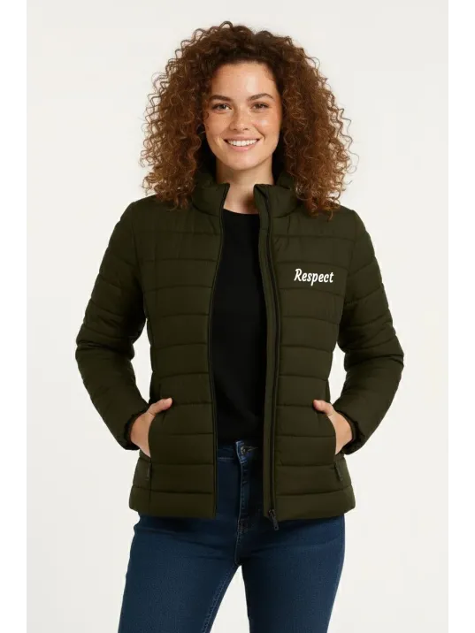 Kadın Mikro Su İtici Kapitone Baskılı Astarlı Fermuarlı Bomber Mont - Haki