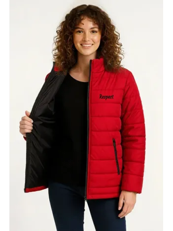 Kadın Mikro Su İtici Kapitone Baskılı Astarlı Fermuarlı Bomber Mont - Kırmızı