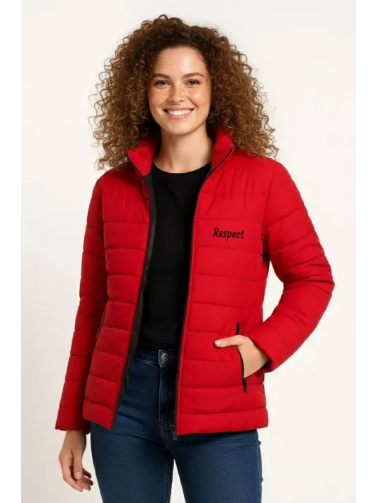 Kadın Mikro Su İtici Kapitone Baskılı Astarlı Fermuarlı Bomber Mont - Kırmızı