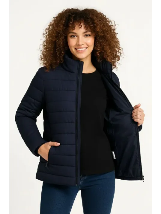 Kadın Mikro Su İtici Kapitone Baskılı Astarlı Fermuarlı Bomber Mont - Lacivert