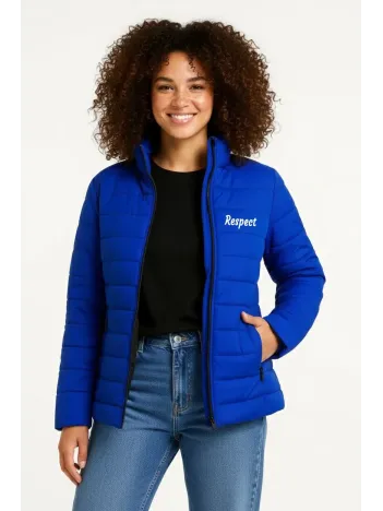 Kadın Mikro Su İtici Kapitone Baskılı Astarlı Fermuarlı Bomber Mont - Saks Mavisi