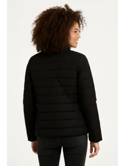 Kadın Mikro Su İtici Kapitone Baskılı Astarlı Fermuarlı Bomber Mont - Siyah