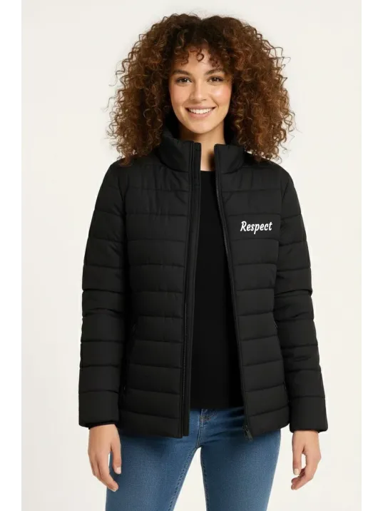 Kadın Mikro Su İtici Kapitone Baskılı Astarlı Fermuarlı Bomber Mont - Siyah