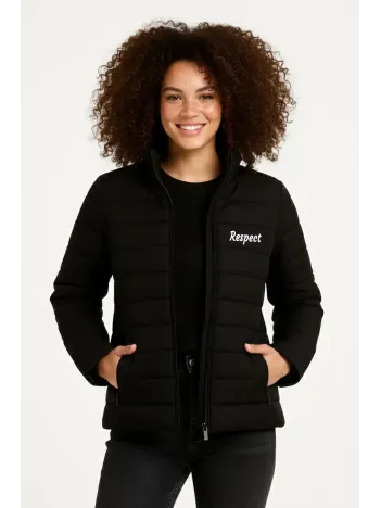 Kadın Mikro Su İtici Kapitone Baskılı Astarlı Fermuarlı Bomber Mont - Siyah