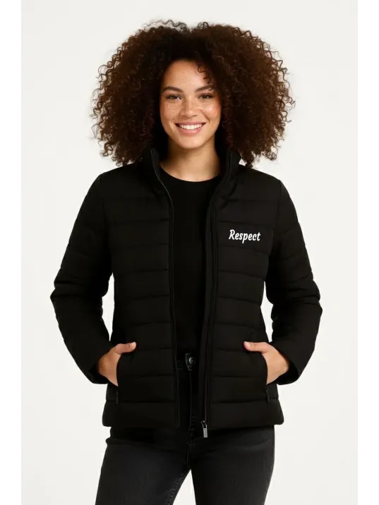 Kadın Mikro Su İtici Kapitone Baskılı Astarlı Fermuarlı Bomber Mont - Siyah