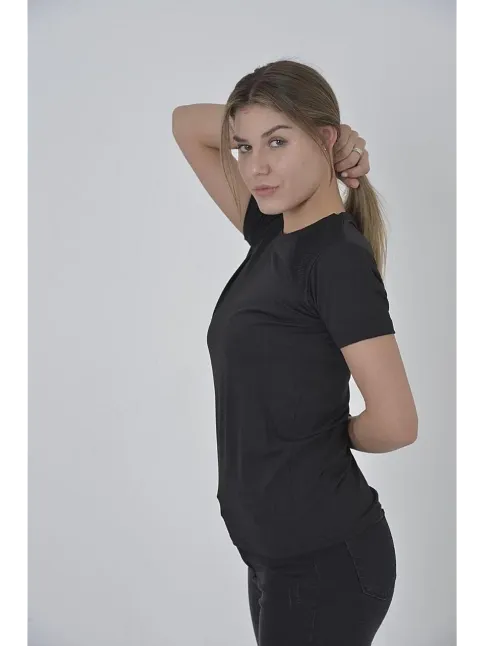 Kadın Omuz Fileli Slim Fit T-shirt - Siyah