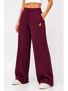 Kadın Osy Modal Yumuşak Dokulu Cima Dikişli Nakışlı Cepli Oversize Bol Paça Eşofman Altı - Bordo