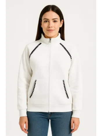 Kadın Oversize Dik Yaka Fermuarlı Sweatshirt - Zincir Nakışli Kanguru Cepli, - Beyaz Kadın Oversize Dik Yaka Fermuarlı Sweatshirt - Zincir Nakışli Kanguru Cepli, - Beyaz