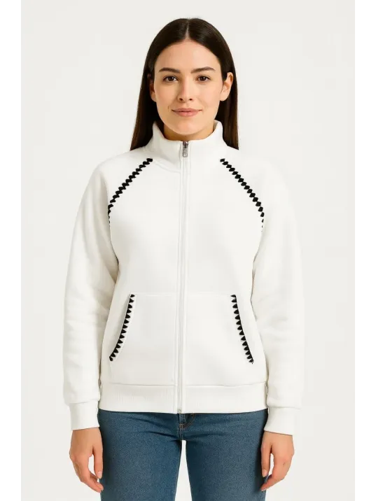 Kadın Oversize Dik Yaka Fermuarlı Sweatshirt - Zincir Nakışli Kanguru Cepli, - Beyaz