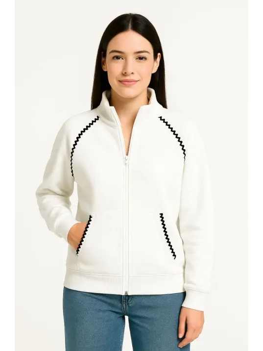 Kadın Oversize Dik Yaka Fermuarlı Sweatshirt - Zincir Nakışli Kanguru Cepli, - Beyaz Kadın Oversize Dik Yaka Fermuarlı Sweatshirt - Zincir Nakışli Kanguru Cepli, - Beyaz