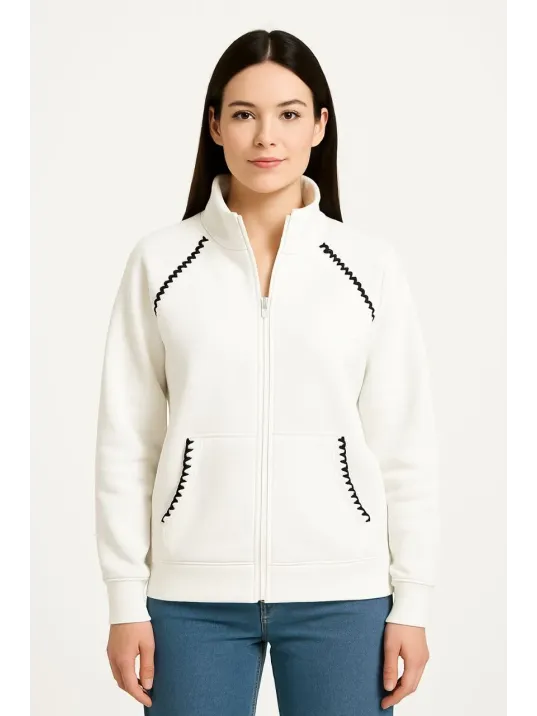 Kadın Oversize Dik Yaka Fermuarlı Sweatshirt - Zincir Nakışli Kanguru Cepli, - Beyaz