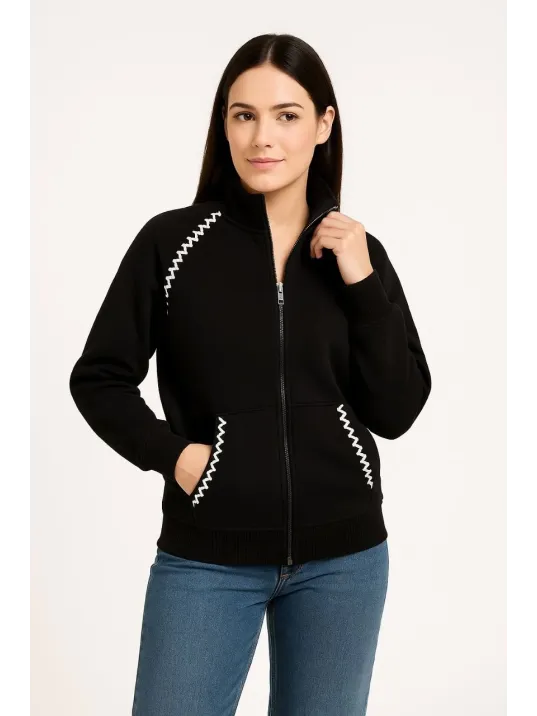 Kadın Oversize Dik Yaka Fermuarlı Sweatshirt - Zincir Nakışli Kanguru Cepli, - Siyah