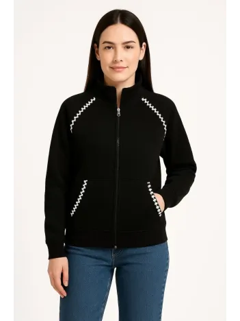 Kadın Oversize Dik Yaka Fermuarlı Sweatshirt - Zincir Nakışli Kanguru Cepli, - Siyah Kadın Oversize Dik Yaka Fermuarlı Sweatshirt - Zincir Nakışli Kanguru Cepli, - Siyah