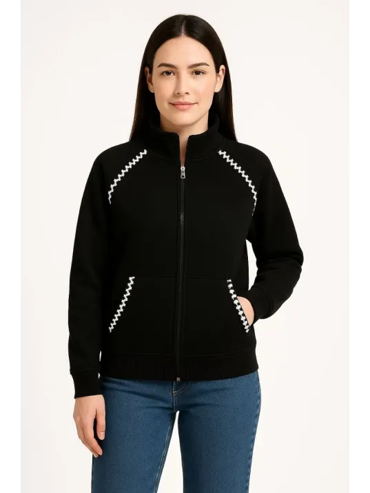 Kadın Oversize Dik Yaka Fermuarlı Sweatshirt - Zincir Nakışli Kanguru Cepli, - Siyah Kadın Oversize Dik Yaka Fermuarlı Sweatshirt - Zincir Nakışli Kanguru Cepli, - Siyah