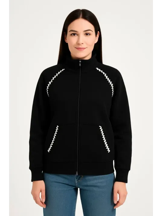 Kadın Oversize Dik Yaka Fermuarlı Sweatshirt - Zincir Nakışli Kanguru Cepli, - Siyah