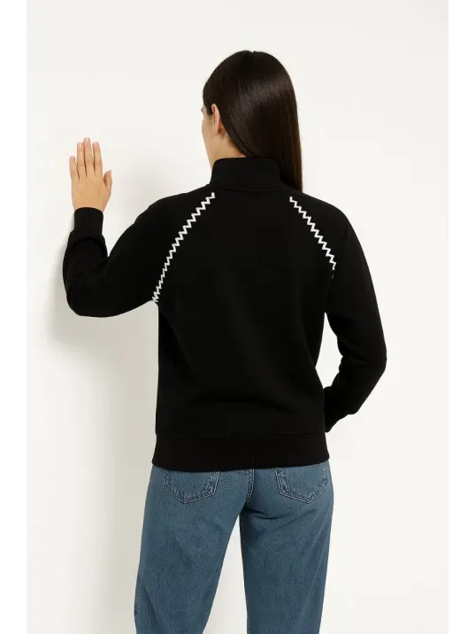Kadın Oversize Dik Yaka Fermuarlı Sweatshirt - Zincir Nakışli Kanguru Cepli, - Siyah