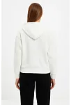 Kadın Kapüşonlu 3 İplik Şardonlu Önü Baskılı Fermuarlı Oversize Sweatshirt - Beyaz