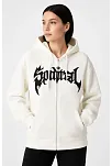 Kadın Kapüşonlu 3 İplik Şardonlu Önü Baskılı Fermuarlı Oversize Sweatshirt - Beyaz