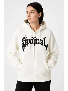 Kadın Kapüşonlu 3 İplik Şardonlu Önü Baskılı Fermuarlı Oversize Sweatshirt - Beyaz