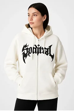 Kadın Kapüşonlu 3 İplik Şardonlu Önü Baskılı Fermuarlı Oversize Sweatshirt - Beyaz