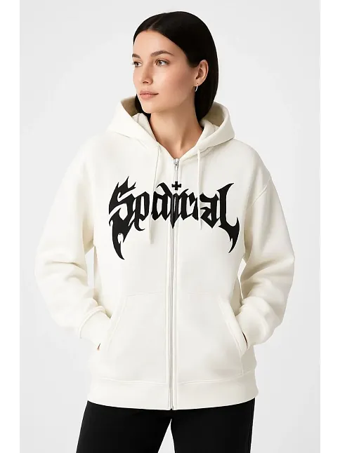 Kadın Kapüşonlu 3 İplik Şardonlu Önü Baskılı Fermuarlı Oversize Sweatshirt - Beyaz