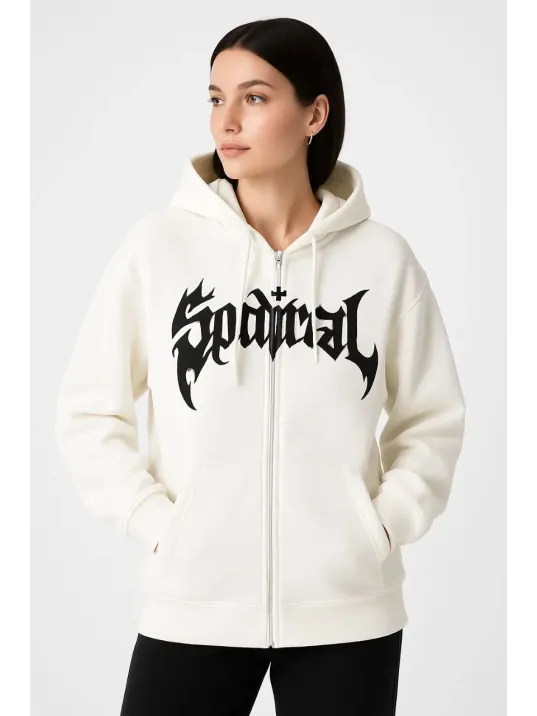 Kadın Oversize Kapüşonlu Sweatshirt Hoodie 3 İplik Şardonlu Pamuklu Kumaş, Önü Baskılı, Fermuarlı Rahat Kalıp, Kışlık ve Sokak Stili Sweat - Beyaz