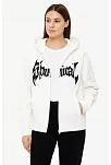 Kadın Kapüşonlu 3 İplik Şardonlu Önü Baskılı Fermuarlı Oversize Sweatshirt - Beyaz