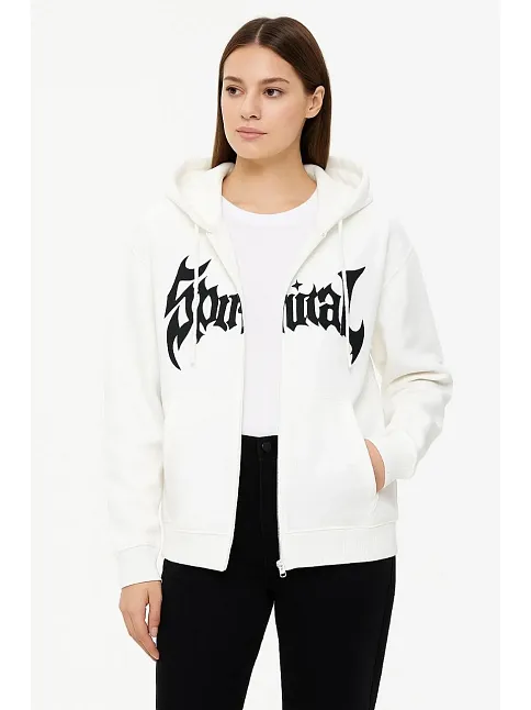 Kadın Kapüşonlu 3 İplik Şardonlu Önü Baskılı Fermuarlı Oversize Sweatshirt - Beyaz