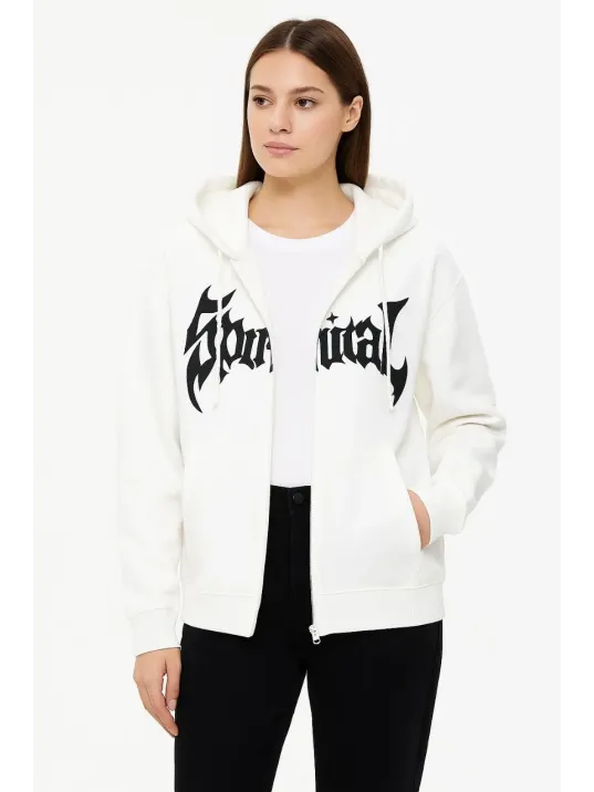 Kadın Oversize Kapüşonlu Sweatshirt Hoodie 3 İplik Şardonlu Pamuklu Kumaş, Önü Baskılı, Fermuarlı Rahat Kalıp, Kışlık ve Sokak Stili Sweat - Beyaz