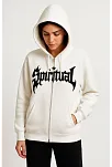 Kadın Kapüşonlu 3 İplik Şardonlu Önü Baskılı Fermuarlı Oversize Sweatshirt - Beyaz