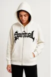 Kadın Kapüşonlu 3 İplik Şardonlu Önü Baskılı Fermuarlı Oversize Sweatshirt - Beyaz